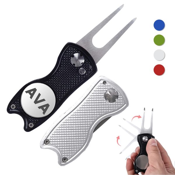 Metal Foldable Golf Divot Tool With Pop-Up Button