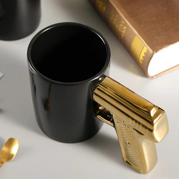 Ceramic Cup Gold Silver Pistol Mug