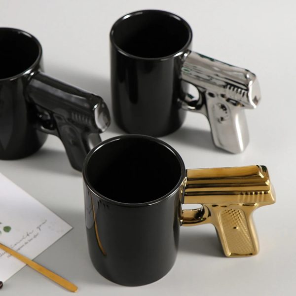 Ceramic Cup Gold Silver Pistol Mug