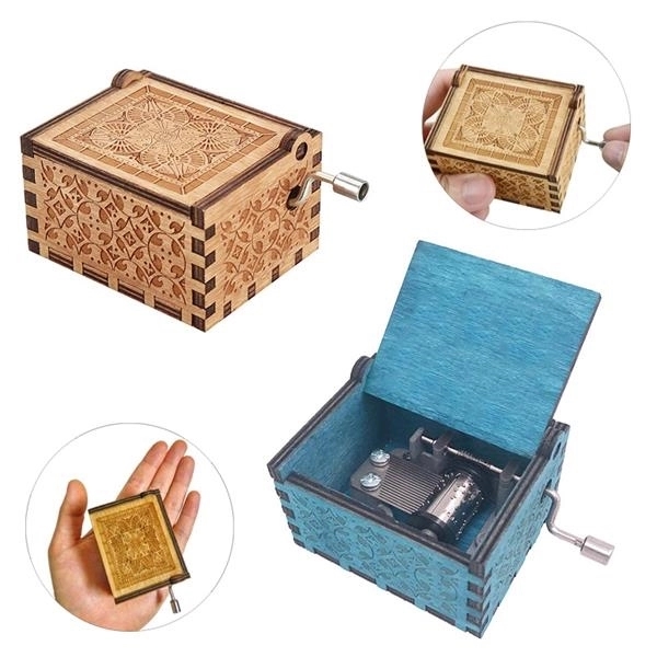 Handmade Engraved Wooden Music Box Hand Crank Wood Crafts