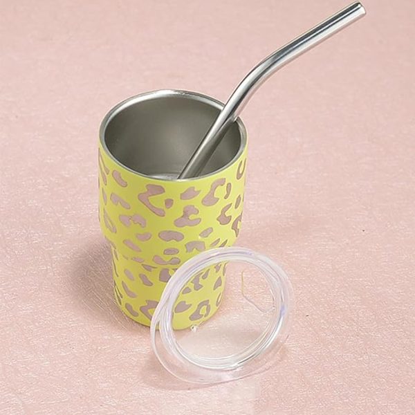 2 OZ Mini Leopard Print With Straw Stainless Steel Party Cup