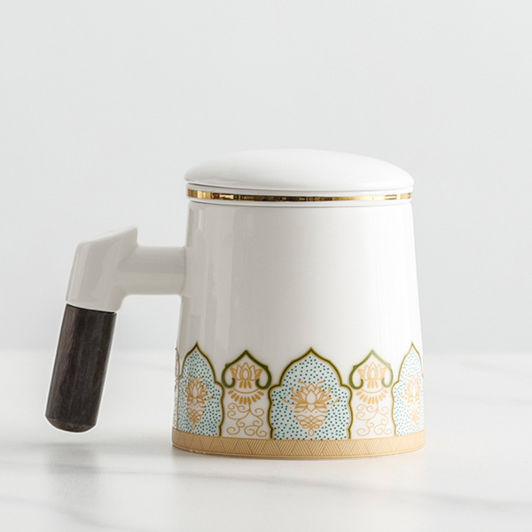 Ceramic Tea Cup With Infuser And Lid Mugs Wooden Handle