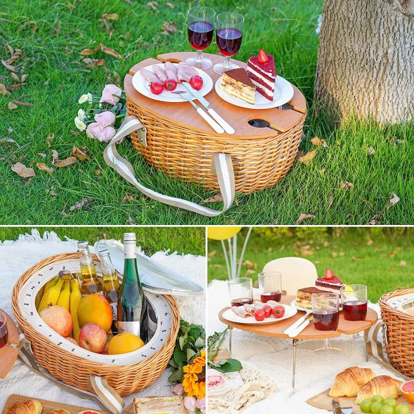 Round portable picnic basket for knife and fork table