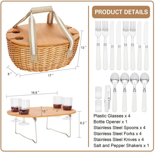 Round portable picnic basket for knife and fork table