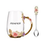 Gifts for Aunt Enamel Flower Glass Mugs Tea Cup With Spoon