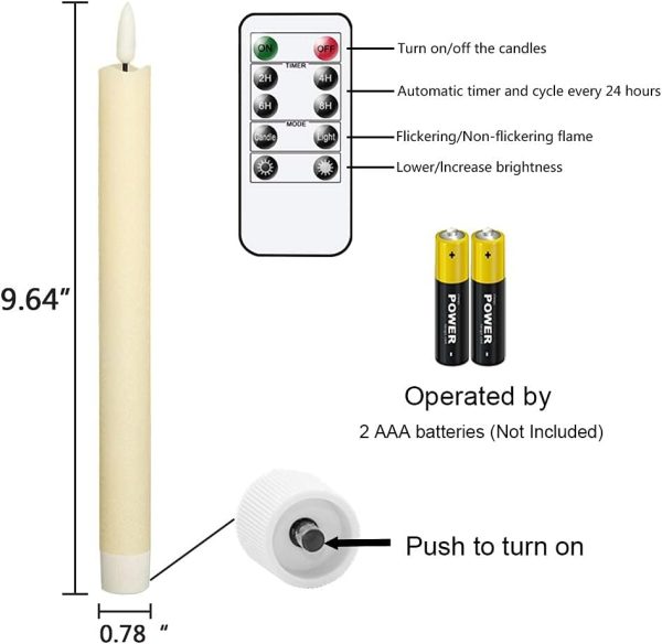 Flameless Ivory Taper Candles Flickering with 10-Key Remote