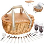 Round portable picnic basket for knife and fork table