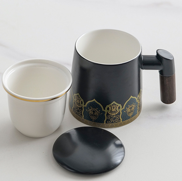 Ceramic Tea Cup With Infuser And Lid Mugs Wooden Handle