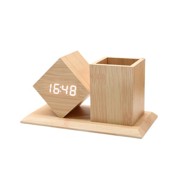 Students Wooden Voice Controlled LED Pen Holder Alarm Clock