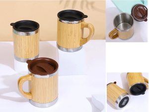 11 Oz Stainless Steel Bamboo Mug With Handle And Lid.