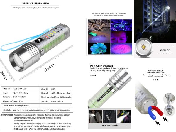 30W Mini Portable Aluminum Alloy Flashlight