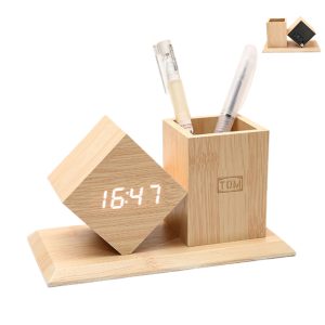 Students Wooden Voice Controlled LED Pen Holder Alarm Clock