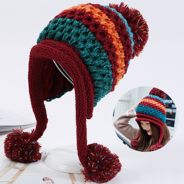 Winter Wool Knit Cap with Pom-Poms for Women