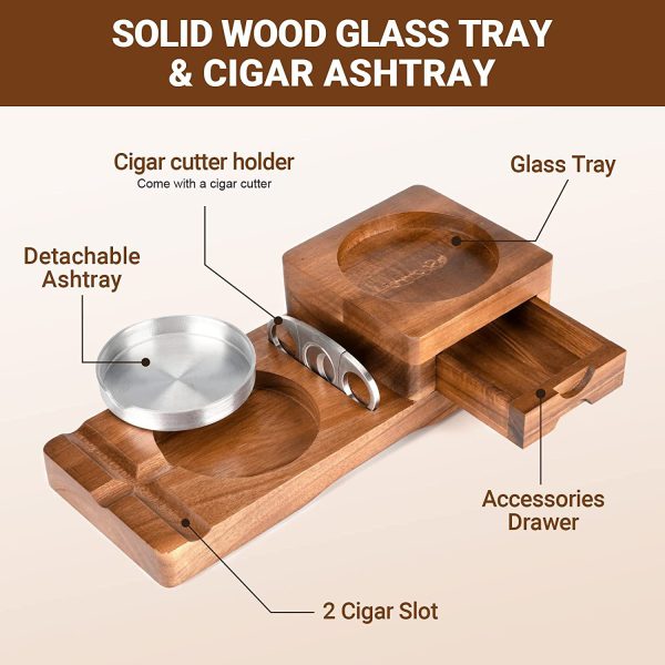 Drawer Style Cigar Cutter Whiskey Cup Holder Wooden Ashtray