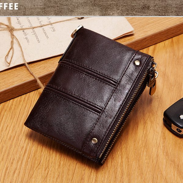 Genuine Leather Short Men's Double Zipper Wallet Purse