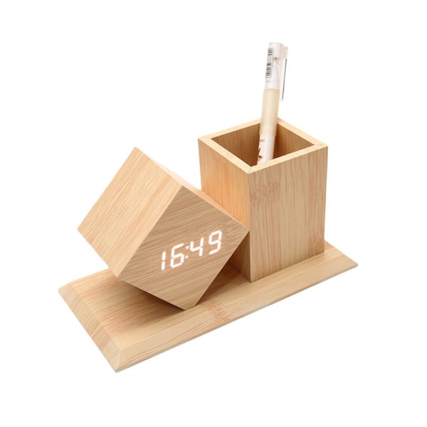 Students Wooden Voice Controlled LED Pen Holder Alarm Clock