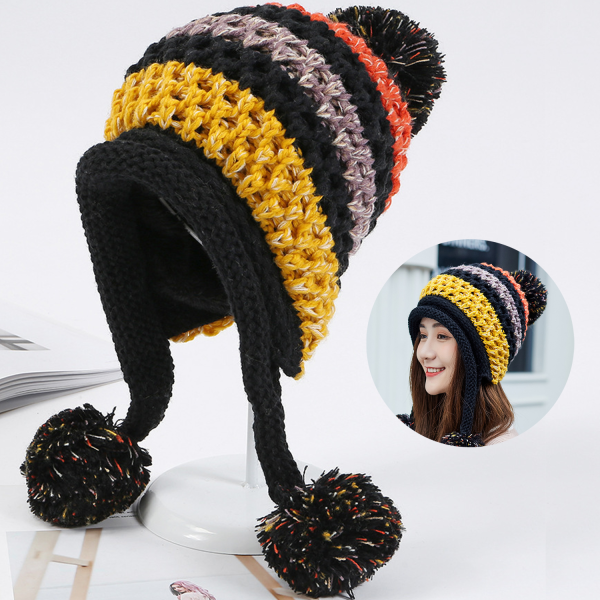 Winter Wool Knit Cap with Pom-Poms for Women