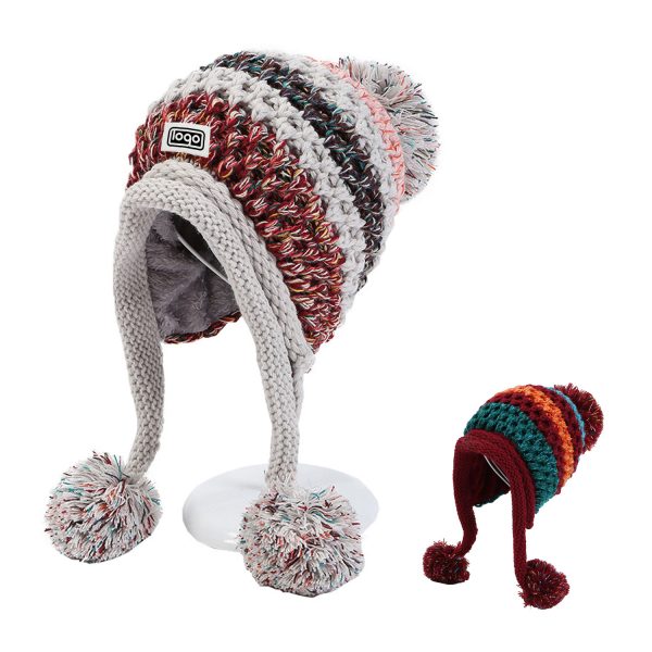 Winter Wool Knit Cap with Pom-Poms for Women