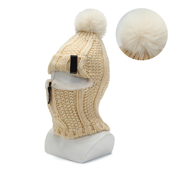 Womens Hat Fleece Lined Plush Ball Neck Warmer Cap