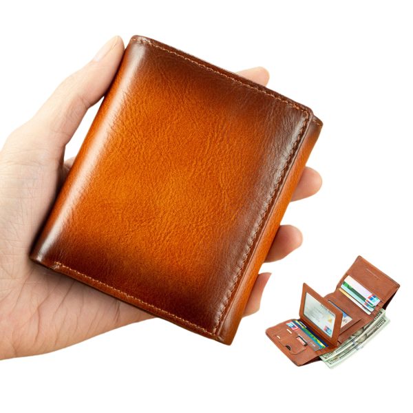 Top Layer Cowhide Retro Three Fold Men's Short Wallet Purse