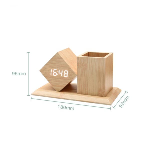 Students Wooden Voice Controlled LED Pen Holder Alarm Clock