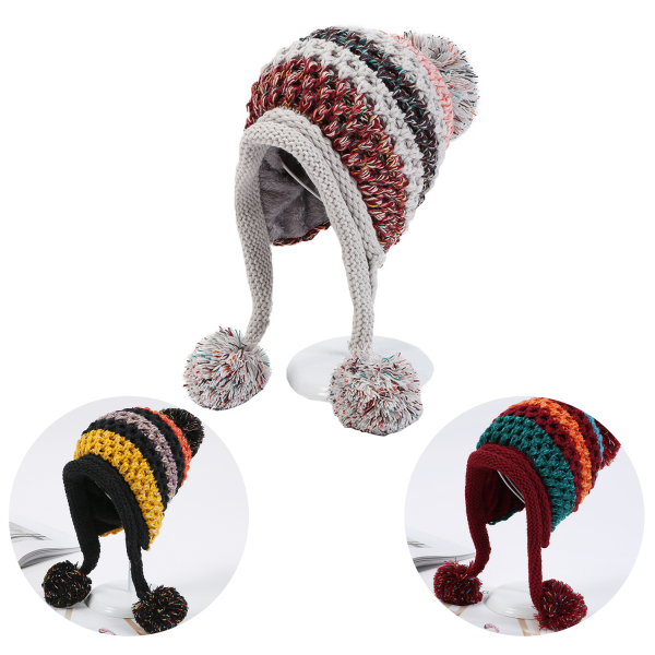 Winter Wool Knit Cap with Pom-Poms for Women