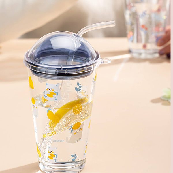 16Oz Heat-Resistant Cute Glass Cup W/ Straw