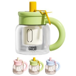 30Oz Large Capacity Glass Flower Tea Cup w/ Straw