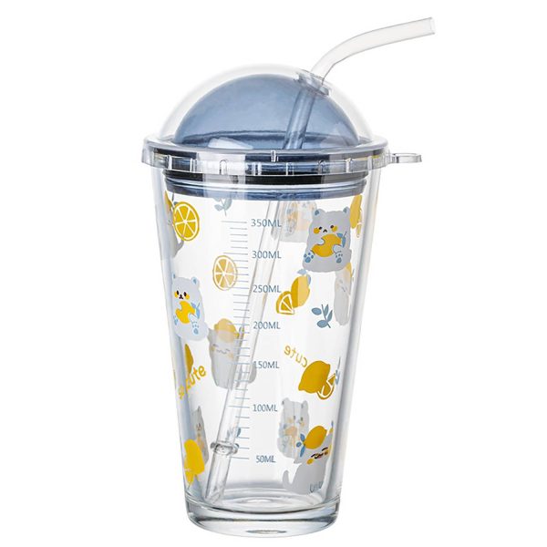16Oz Heat-Resistant Cute Glass Cup W/ Straw
