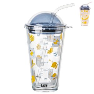 16Oz Heat-Resistant Cute Glass Cup W/ Straw