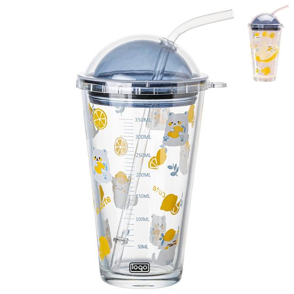 16Oz Heat-Resistant Cute Glass Cup W/ Straw
