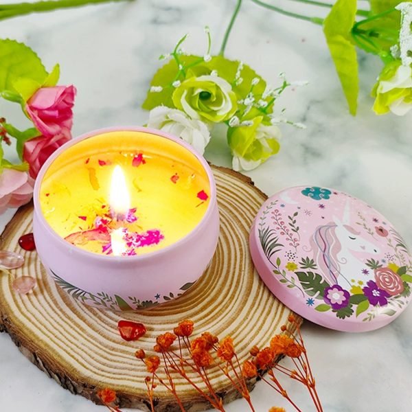 Scented candles w/ dried flowers in Metal Jar
