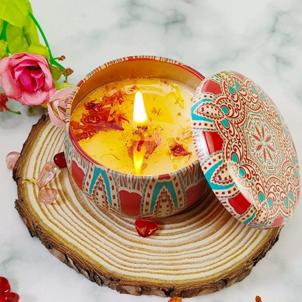 Scented candles w/ dried flowers in Metal Jar