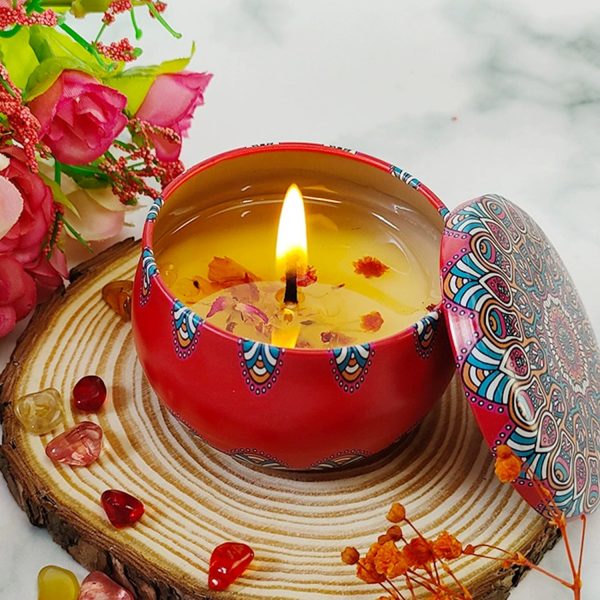 Scented candles w/ dried flowers in Metal Jar
