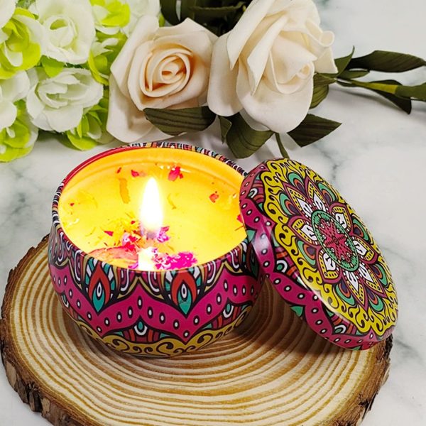 Scented candles w/ dried flowers in Metal Jar