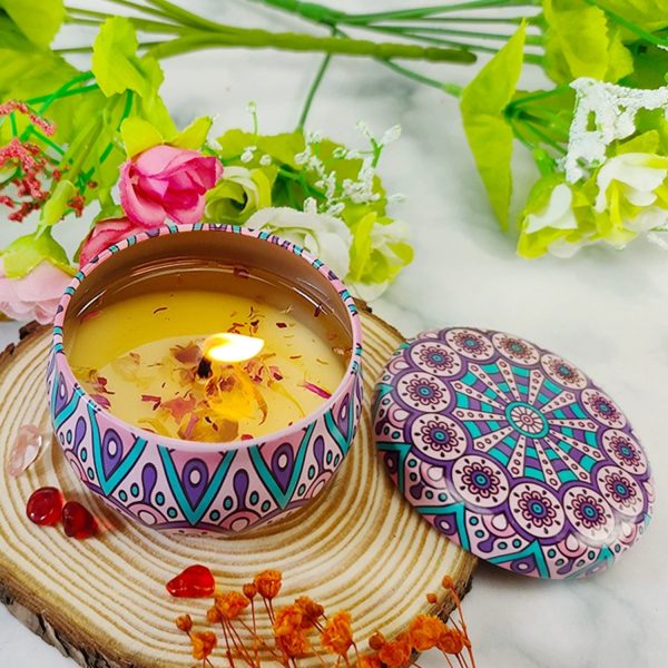 Scented candles w/ dried flowers in Metal Jar