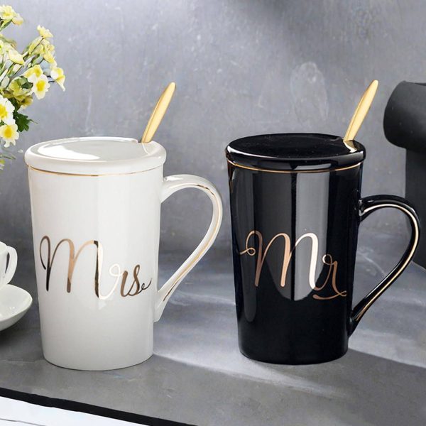 17oz Creative Couple Ceramic Mug Set W/ Lid & Spoon