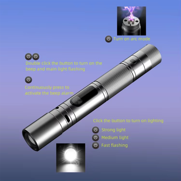 Rechargeable Tactical LED Flashlight w/ Arc Lighter & Alarm