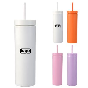 16oz Double-layer Plastic Sports Thermos Cup w/ Straw