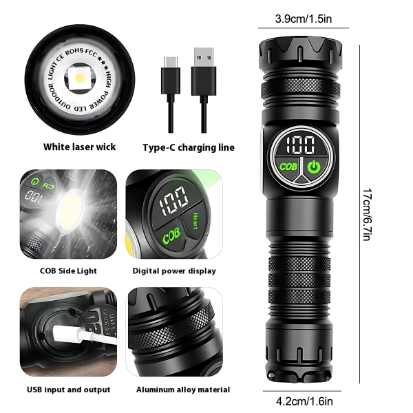 Adjustable Outdoor Aluminum Flashlight with Digital Display